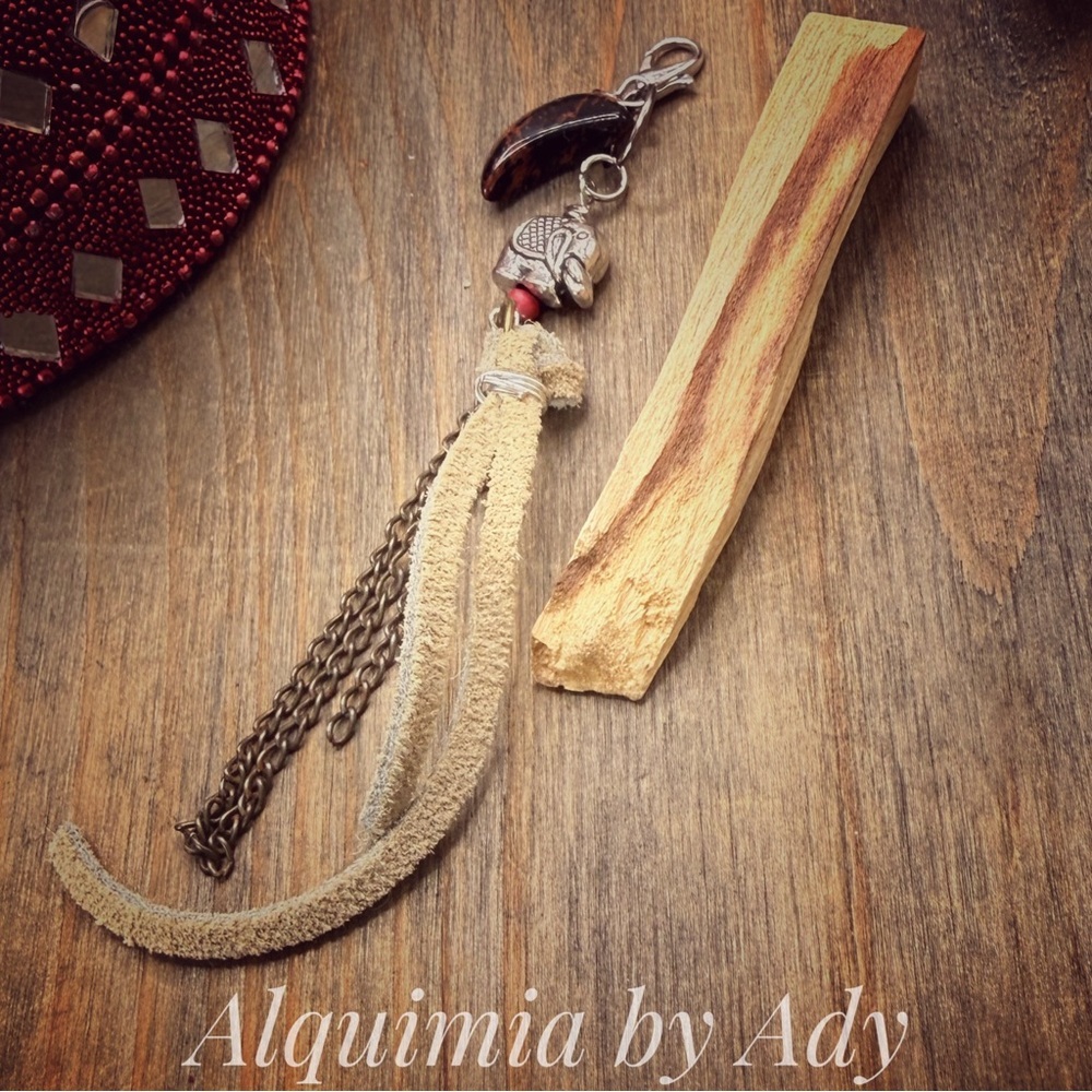 Crescent 🌙 moon +Leather Tassel Keychain with Elephant Charm in Beige and Brown